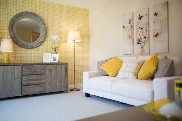 Show Home, designer themed lounge, light greys and yellows.